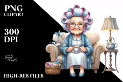 Old Lady Sitting on Sofa with Hair Curlers | Clipart Product Image 1