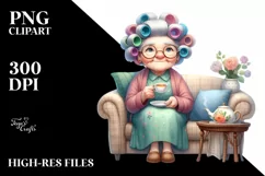 Old Lady Sitting on Sofa with Hair Curlers | Clipart Product Image 3
