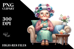 Old Lady Sitting on Sofa with Hair Curlers | Clipart Product Image 2