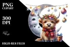 Cute Highland Cow Christmas Ornaments Glittery Moon PNG Product Image 1