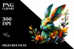 Vibrant Watercolor Rabbit with Flowers, PNG Product Image 3