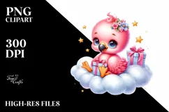 Cute Baby Flamingo with Gift Box PNG Product Image 1