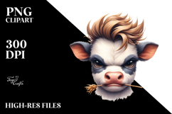 Angry Baby Cow with Cool Hair and Hay Straw, PNG Product Image 2