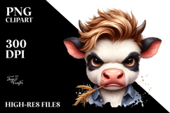 Angry Baby Cow with Cool Hair and Hay Straw, PNG Product Image 2