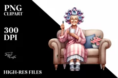 Watercolor Lady on Sofa with Hair Curlers | Clipart Product Image 1