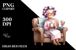 Watercolor Lady on Sofa with Hair Curlers | Clipart Product Image 2