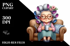 Watercolor Lady on Sofa with Hair Curlers | Clipart Product Image 1