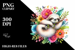 Colorful Watercolor Wimsical Sloth Floral | Clipart Product Image 1