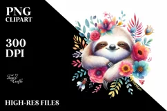 Colorful Watercolor Wimsical Sloth Floral | Clipart Product Image 1