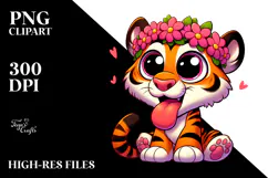 Goofy Cartoon Tiger with Flower Crown, Transparent PNG Product Image 2
