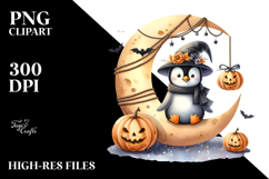 Watercolor Penguin on Halloween Moon PNG Product Image 2