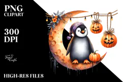 Watercolor Penguin on Halloween Moon PNG Product Image 2