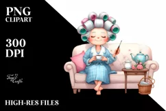 Watercolor Lady on Sofa with Hair Curlers | Clipart Product Image 3