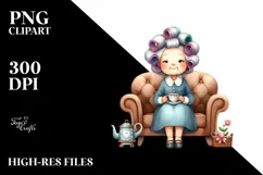 Watercolor Lady on Sofa with Hair Curlers | Clipart Product Image 3