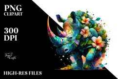 Vibrant Watercolor Rhino with Flowers, PNG Product Image 1