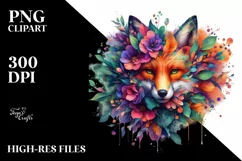 Vibrant Watercolor Fox with Flowers, PNG Product Image 3