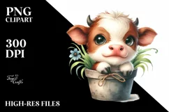 Smiling Baby Highland Cow in a Pot | Clipart Product Image 3