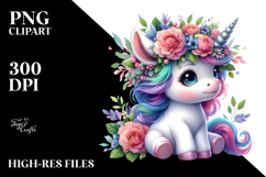 Baby Unicorn with Floral Wreath, PNG Product Image 2