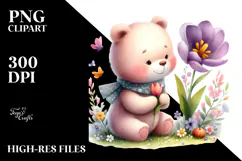 Cute Baby Bear on Spring Flower, PNG Product Image 2