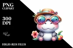 Colorful Hippo Sunglasses Sun Hat Watercolor Clipart Product Image 3