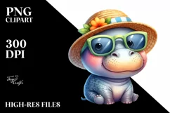 Colorful Hippo Sunglasses Sun Hat Watercolor Clipart Product Image 1