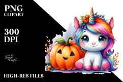 Cute Baby Unicorn with Pumpkin, Watercolor PNG Product Image 2