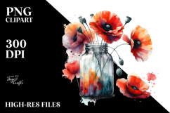 Abstract Watercolor Jar with Large Poppy | Clipart Product Image 2