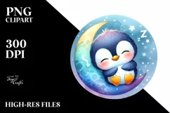 Colorful Sleeping Baby Penguin Moon Clipart Product Image 1