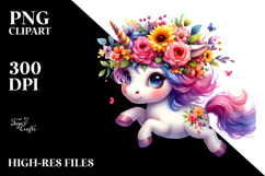 Running Baby Unicorn with Floral Wreath PNG Product Image 2