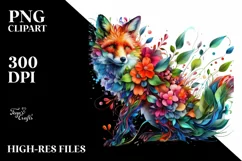 Vibrant Watercolor Fox with Flowers, PNG Product Image 3