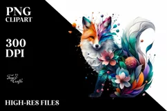 Vibrant Watercolor Fox with Flowers, PNG Product Image 1