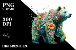 Vibrant Watercolor Bear with Flowers, PNG Product Image 1