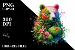 Vibrant Watercolor Bear with Flowers, PNG Product Image 1