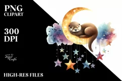 Vibrant Watercolor Otter Sleeping on the Moon | Sublimation Product Image 1