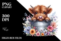 Cute Baby Highland Cow with Flowers PNG Product Image 1