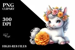 Cute Baby Unicorn Huging Flowers Clipart Product Image 3