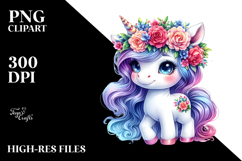 Cute Baby Unicorn with Floral Wreath PNG Product Image 2