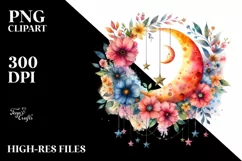 Whimsical Moon with Flowers and Stars | Clipart Product Image 1