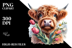 Highland Cow Portrait with Flowers | Clipart Product Image 2