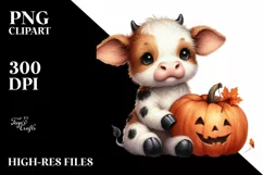 Cute Baby Cow with Pumpkin, PNG Product Image 1