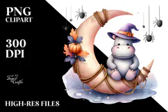 Hippo on Halloween Moon with Spiders PNG Product Image 2