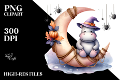 Hippo on Halloween Moon with Spiders PNG Product Image 2