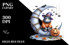 Hippo on Halloween Moon with Spiders PNG Product Image 2