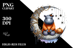Hippo on Halloween Moon with Spiders PNG Product Image 2