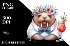 Young Walrus with Wreath Enjoying Cocktail | Clipart Product Image 1