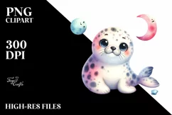 Colorful Watercolor Small Baby Spotted Seal with Moon Stars Product Image 3