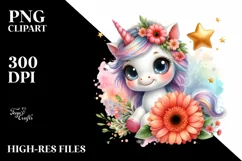 Cute Baby Unicorn with Gerbera on Star Product Image 1