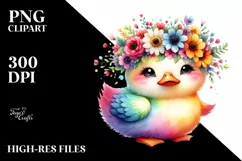 Watercolor Vibrant Duck with Flower Crown, Transparent PNG Product Image 1