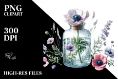 Watercolor Bottle with Large Anemone | Clipart Product Image 2