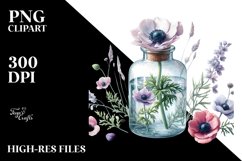 Watercolor Bottle with Large Anemone | Clipart Product Image 1